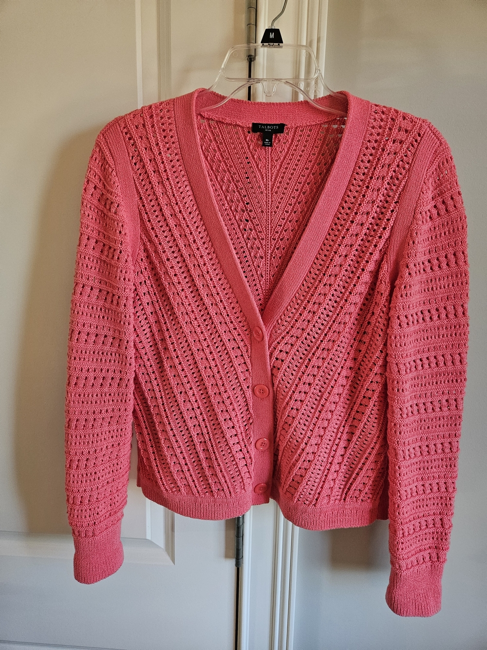 Talbots Pink Openwork Knit V-Neck Cardigan Sweater